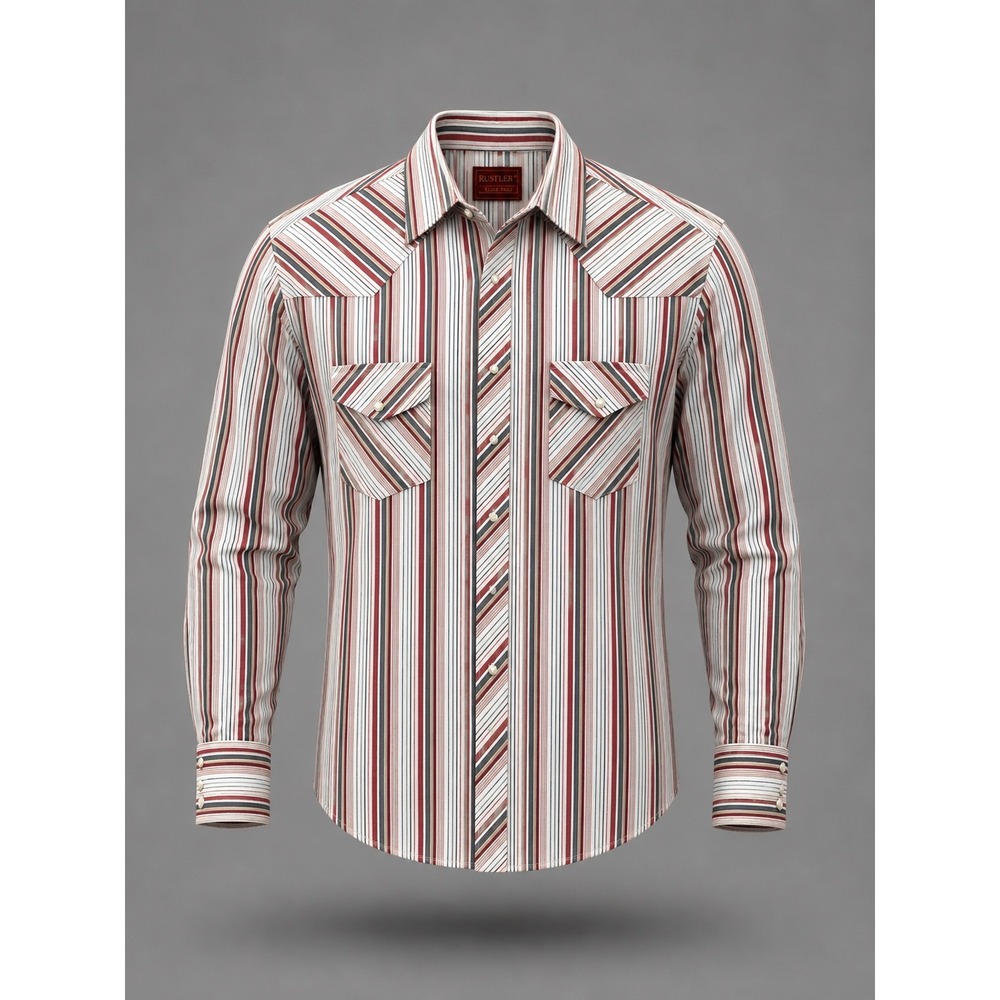 Vintage Rustler Mens Western Pearl Snap Shirt Red Navy‎ Striped X-Long Tails XL